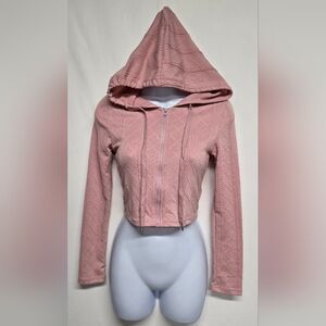 Dazy XS Cropped Hooded Jacket Sweater Zip Down Pink Ribbed Stretch